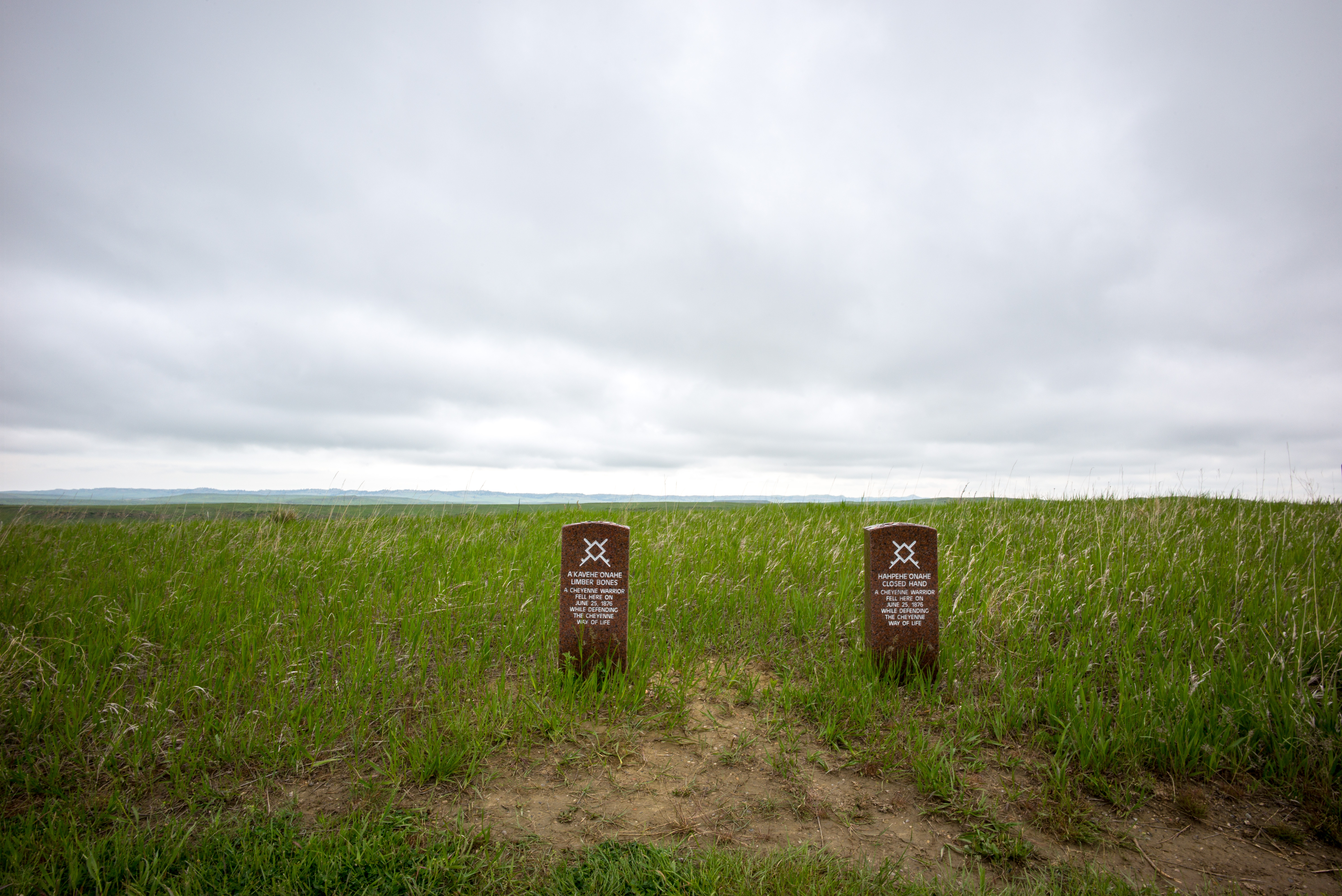 Marker stones added to the original site commemorating the location where two Native Americans died fighting “while defending the Cheyenne way of life.” Note: the Cheyenne were allied with the Lakota (Sioux) and the Dakota (Sioux) in their fight against the US Government, the Crow and the Arikara.