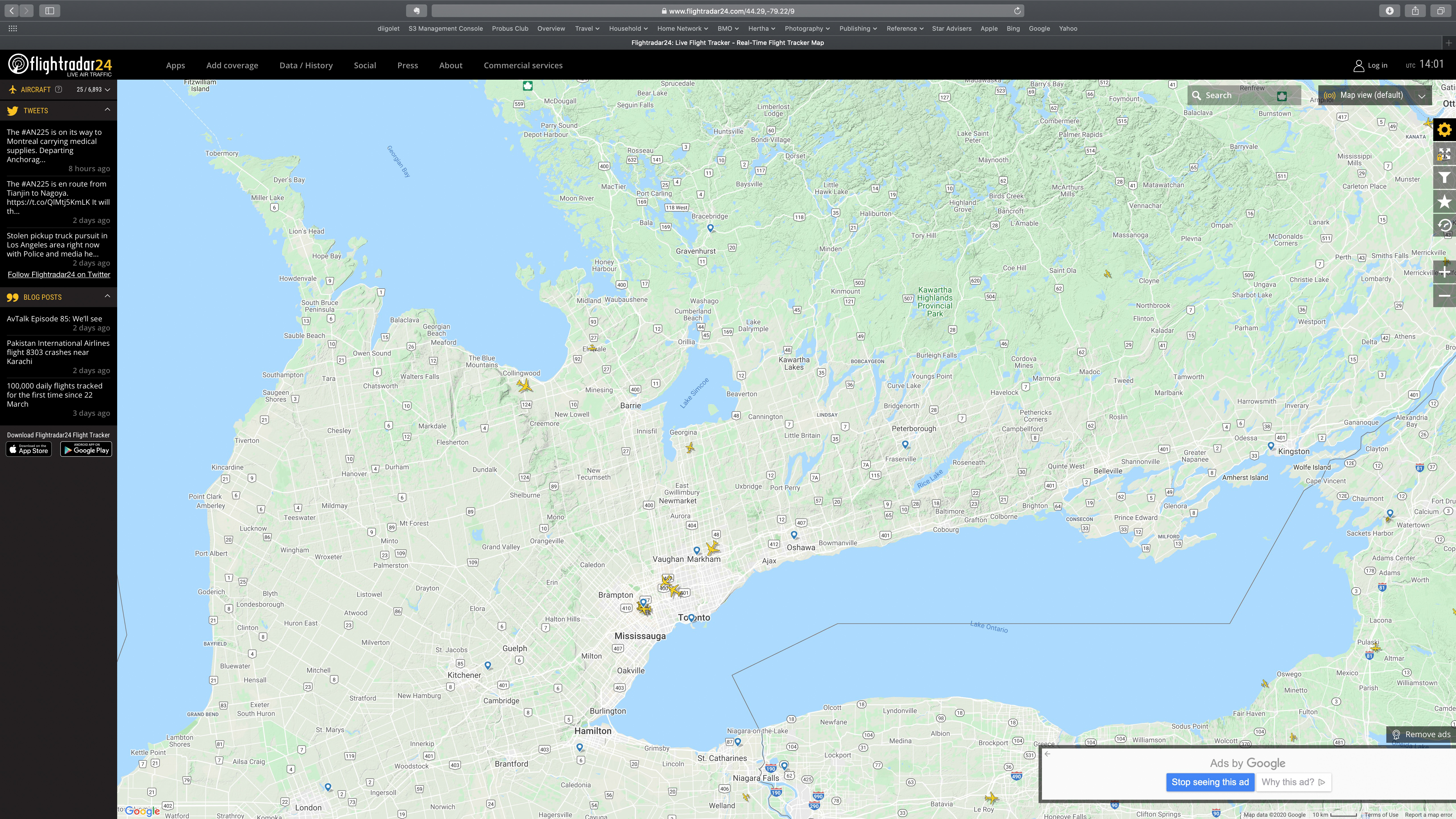 Map showing flights over South-Western Ontario.