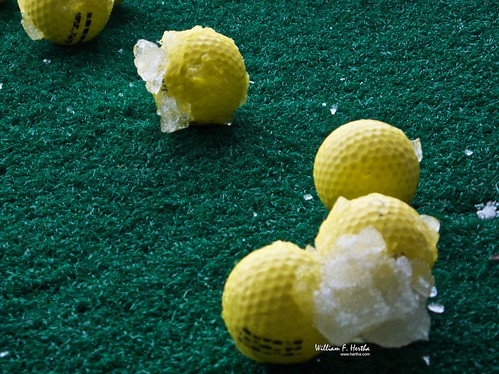 Ice encrusted golf balls at the driving range