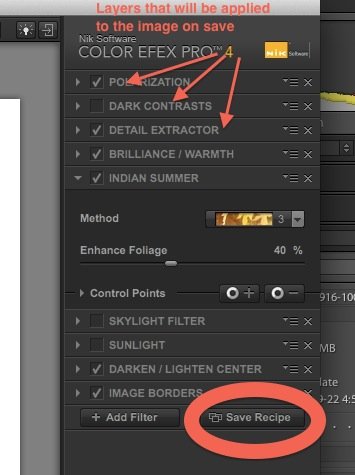 Screen shot: [1] circled area shows the Save Recipe button [2] Arrows point to 3 of the several change layers to be applied to the original photograph