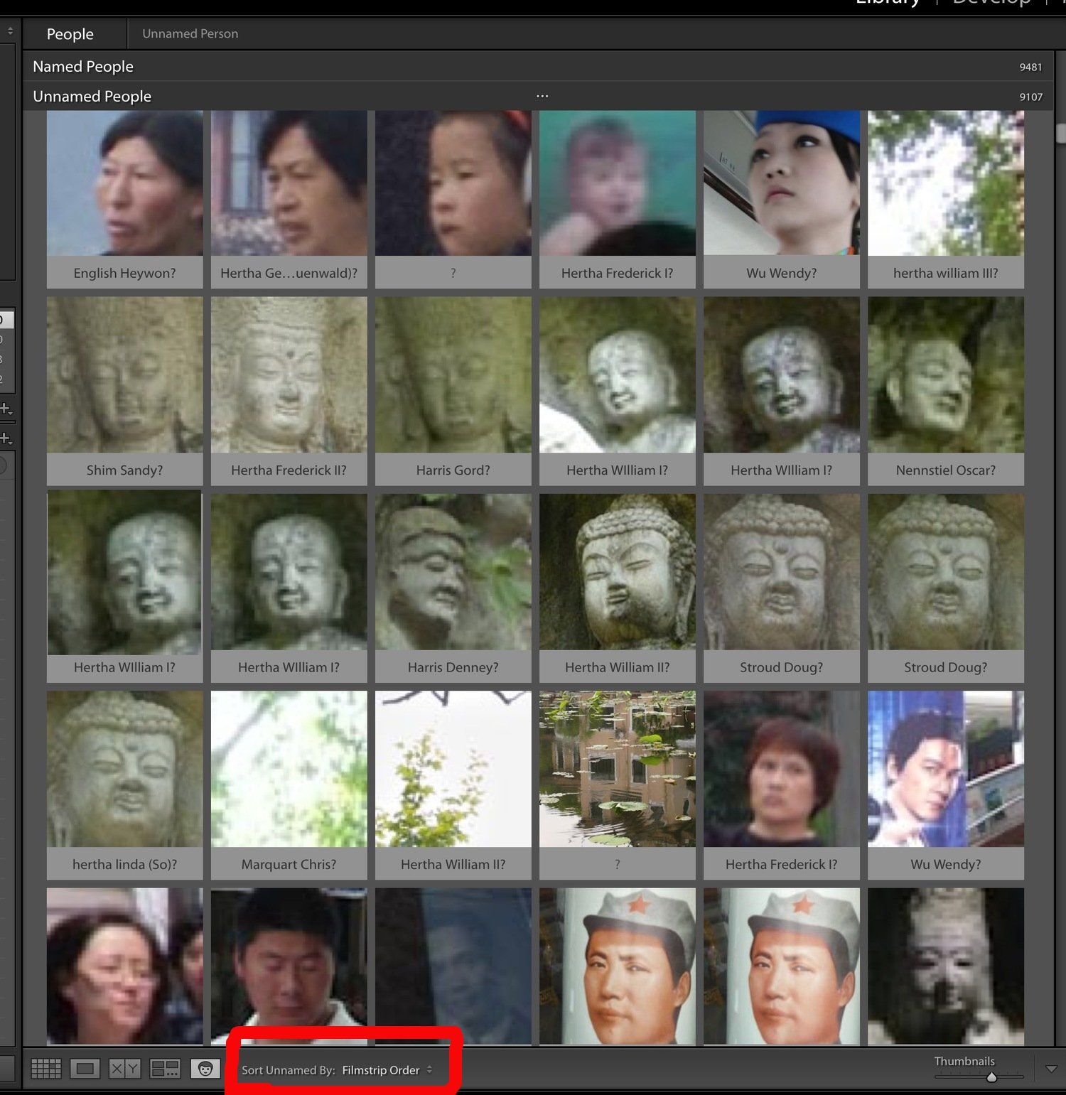 The Sort Unnamed By option enables one to change the order of the presentation of unnamed faces.  As can be seen, face detection can pick up a lot of different things which clearly should be removed (select one or more and press the delete key)…